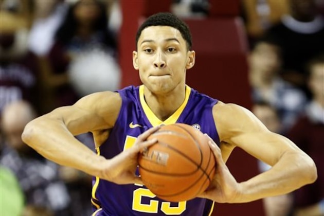 FILE - In this Nov. 30, 2015, file photo, LSU's Ben Simmons looks to pass in the first half against the College of Charleston during an NCAA college basketball game at TD Arena, in Charleston, S.C. LSU freshman forward Ben Simmons has lived up to his recruiting hype so far. His exceptional play through his first seven games gives an indication of what the Tigers might expect as Simmons becomes more comfortable with his teammates and the college game.  (AP Photo/Mic Smith, File)