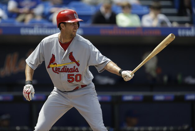 St. Louis Cardinals' Adam Wainwright bats  during the third inning of an exhibition spring training baseball game against the New York Mets Tuesday, March 26, 2013, in Port St. Lucie, Fla. (AP Photo/Jeff Roberson)