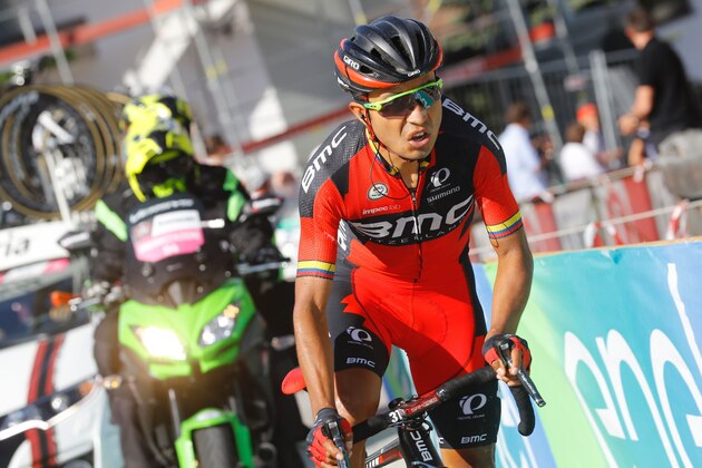 Colombia's Darwin Atapuma rides in front during the 14th stage of the 99th Giro d'Italia, Tour of Italy, from Farra d'Alpago to Corvara on May 21, 2016.  / AFP / Luk BENIES        (Photo credit should read LUK BENIES/AFP/Getty Images)