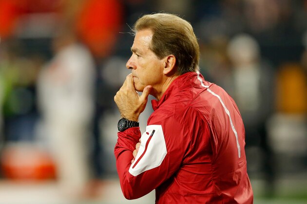 GLENDALE, AZ - JANUARY 11:  Head coach Nick Saban of the Alabama Crimson Tide looks on prior to the 2016 College Football Playoff National Championship Game against the Clemson Tigers at University of Phoenix Stadium on January 11, 2016 in Glendale, Arizona.  (Photo by Kevin C. Cox/Getty Images)