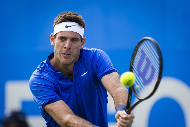 LONDON, ENGLAND - JUNE 15:  Juan Martin Del Potro of Argentina in action against John Isner of the USA in their Mens Singles First Round match on day three of the Aegon Championships at The Queens Club on June 15, 2016 in London, England.  (Photo by Ashley Western/CameraSport via Getty Images)