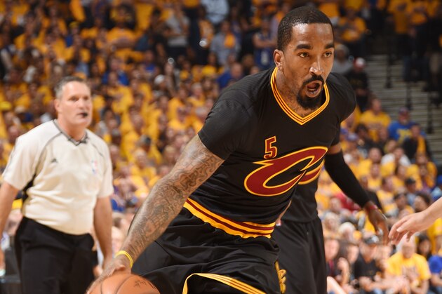 OAKLAND, CA - JUNE 13:  J.R. Smith #5 of the Cleveland Cavaliers handles the ball against the Golden State Warriors in Game Five of the 2016 NBA Finals on June 13, 2016 at ORACLE Arena in Oakland, California. NOTE TO USER: User expressly acknowledges and agrees that, by downloading and/or using this Photograph, user is consenting to the terms and conditions of the Getty Images License Agreement. Mandatory Copyright Notice: Copyright 2016 NBAE (Photo by Andrew D. Bernstein/NBAE via Getty Images)