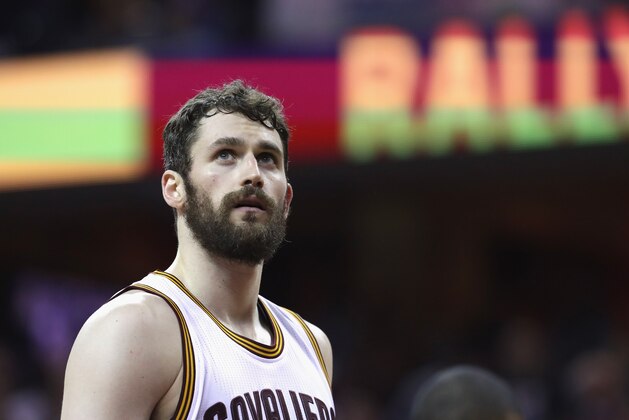 CLEVELAND, OH - JUNE 10:  Kevin Love #0 of the Cleveland Cavaliers looks on during the first half against the Golden State Warriors in Game 4 of the 2016 NBA Finals at Quicken Loans Arena on June 10, 2016 in Cleveland, Ohio. NOTE TO USER: User expressly acknowledges and agrees that, by downloading and or using this photograph, User is consenting to the terms and conditions of the Getty Images License Agreement.  (Photo by Ronald Martinez/Getty Images)