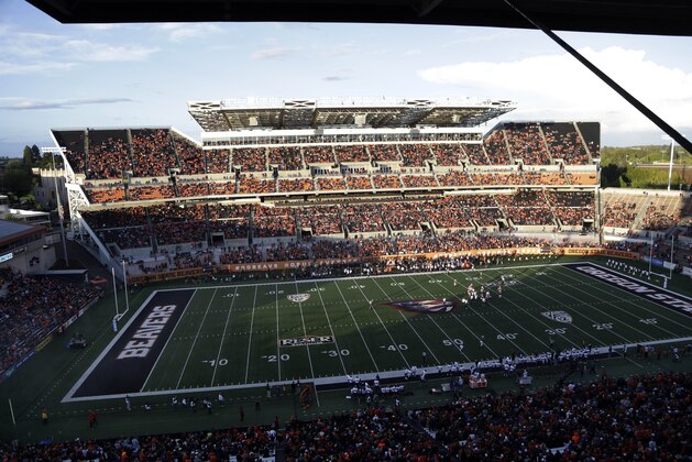 Reser Stadium is shown during the second half of an NCAA college football game against Weber State in Corvallis, Ore., Friday, Sept. 4, 2015. (AP Photo/Don Ryan)