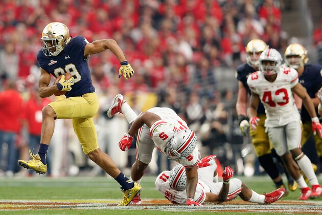 GLENDALE, AZ - JANUARY 01:  Wide receiver Corey Robinson #88 of the Notre Dame Fighting Irish runs with the football after a reception against the Ohio State Buckeyes during the BattleFrog Fiesta Bowl at University of Phoenix Stadium on January 1, 2016 in Glendale, Arizona. The Buckeyes defeated the Fighting Irish 44-28.  (Photo by Christian Petersen/Getty Images)