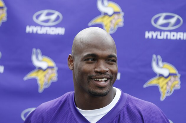 Minnesota Vikings running back Adrian Peterson (28) addresses the media after the NFL football team''s mini-camp Wednesday, June 15, 2016, in Eden Prairie, Minn.  (AP Photo/Jim Mone)