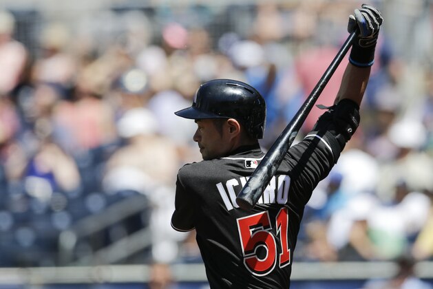 Miami Marlins' Ichiro Suzuki takes a practice swing before batting in the ninth inning of a baseball game against the San Diego Padres Wednesday, June 15, 2016, in San Diego. Suzuki hit a double in the at-bat for his 4,257th career hit. With the hit, Suzuki's combined career hits in Japan and the major leagues surpassed Pete Rose's major league record of 4,256 career hits. (AP Photo/Gregory Bull)