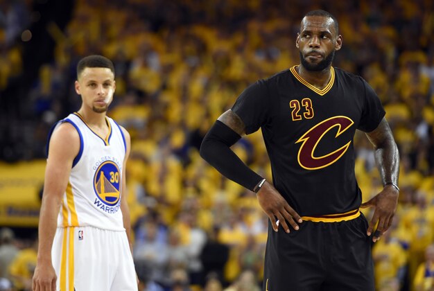Jun 13, 2016; Oakland, CA, USA; Cleveland Cavaliers forward LeBron James (23) and Golden State Warriors guard Stephen Curry (30) during the third quarter in game five of the NBA Finals at Oracle Arena. Mandatory Credit: Bob Donnan-USA TODAY Sports