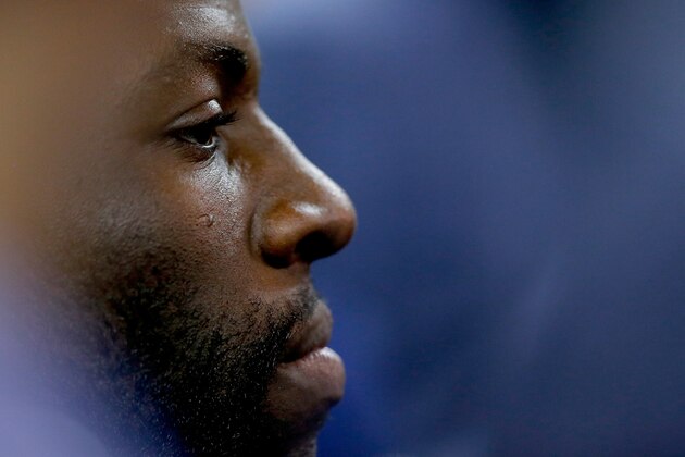 OAKLAND, CA - JUNE 01:  Draymond Green #23 of the Golden State Warriors looks on during practice before the 2016 NBA Finals at ORACLE Arena on June 1, 2016 in Oakland, California. The Warriors will take on the Cleveland Cavaliers in Game 1 on June 2, 2016. NOTE TO USER: User expressly acknowledges and agrees that, by downloading and or using this photograph, User is consenting to the terms and conditions of the Getty Images License Agreement.  (Photo by Ezra Shaw/Getty Images)