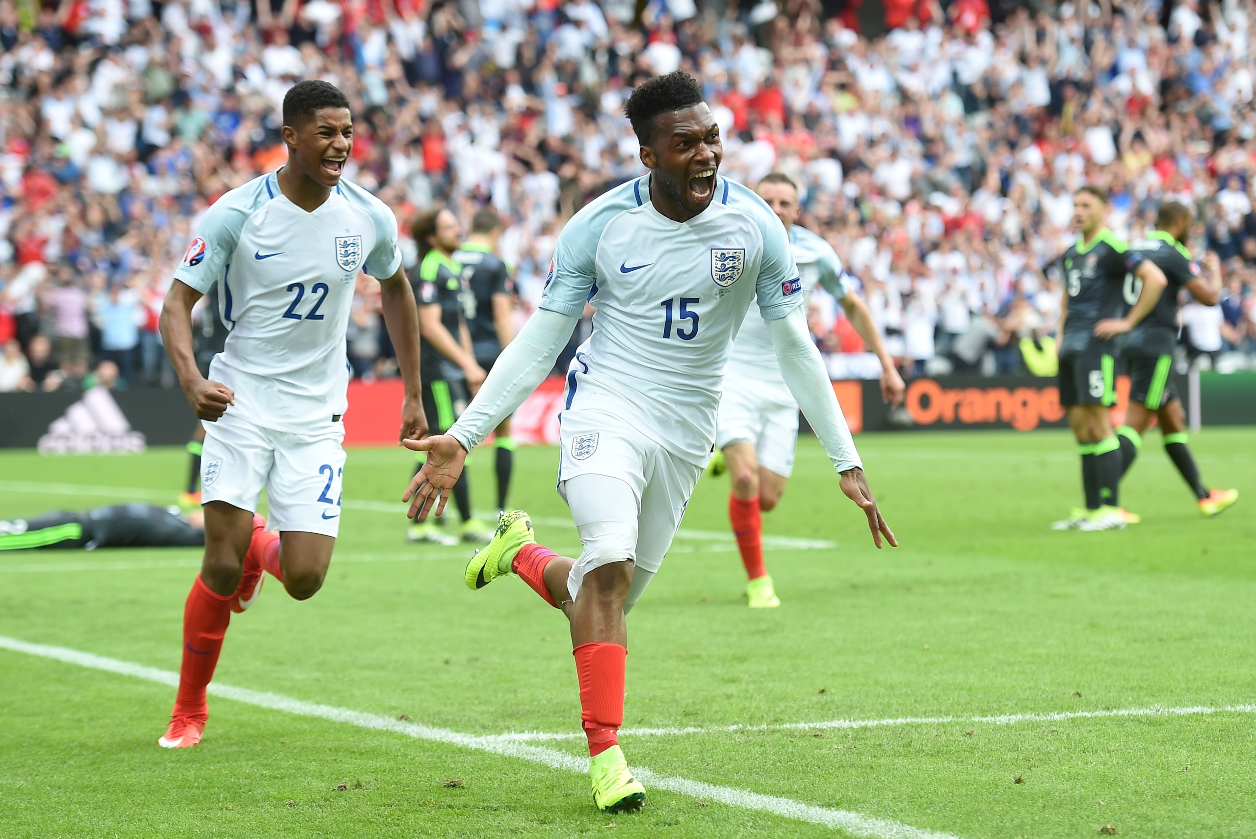 England's forward Daniel Sturridge (R) celebrates scoring the 2-1 goal with England's forward Marcus Rashford during the Euro 2016 group B football match between England and Wales at the Bollaert-Delelis stadium in Lens on June 16, 2016.England won the match 2-1. / AFP / PAUL ELLIS (Photo credit should read PAUL ELLIS/AFP/Getty Images) England's forward Daniel Sturridge (R) celebrates scoring the 2-1 goal with England's forward Marcus Rashford during the Euro 2016 group B football match between England and Wales at the Bollaert-Delelis stadium in Lens on June 16, 2016.England won the match 2-1. / AFP / PAUL ELLIS (Photo credit should read PAUL ELLIS/AFP/Getty Images)