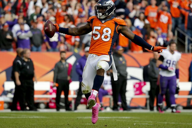 FILE - In this Oct. 4, 2015, file photo, Denver Broncos outside linebacker Von Miller celebrates after sacking Minnesota Vikings quarterback Teddy Bridgewater during an NFL football game in Denver. A person familiar with the matter tells The Associated Press that Super Bowl MVP Von Miller's camp has rejected a contract proposal that would have made him the highest-paid non-quarterback in NFL history. (AP Photo/Jack Dempsey, File)