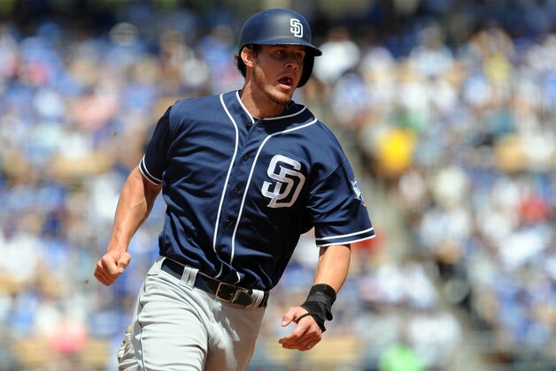 May 1, 2016; Los Angeles, CA, USA; San Diego Padres first baseman Wil Myers (4) reaches third in the seventh inning against Los Angeles Dodgers at Dodger Stadium. Mandatory Credit: Gary A. Vasquez-USA TODAY Sports