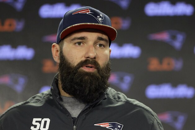 New England Patriots defensive end Rob Ninkovich faces reporters before an NFL football practice, Tuesday, Jan. 12, 2016, in Foxborough, Mass. The Patriots are to host the Kansas City Chiefs in an NFL divisional playoff game Jan. 16, 2016, in Foxborough. (AP Photo/Steven Senne)