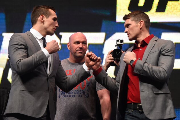 LAS VEGAS, NV - MARCH 04:  (L-R) Opponents Rory MacDonald and Stephen Thompson face off during the UFC Unstoppable launch press conference at the MGM Grand Garden Arena on March 4, 2016 in Las Vegas, Nevada. (Photo by Josh Hedges/Zuffa LLC/Zuffa LLC via Getty Images)