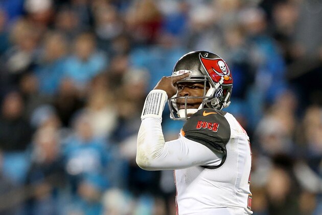 CHARLOTTE, NC - JANUARY 03:  Jameis Winston #3 of the Tampa Bay Buccaneers during their game at Bank of America Stadium on January 3, 2016 in Charlotte, North Carolina.  (Photo by Streeter Lecka/Getty Images)