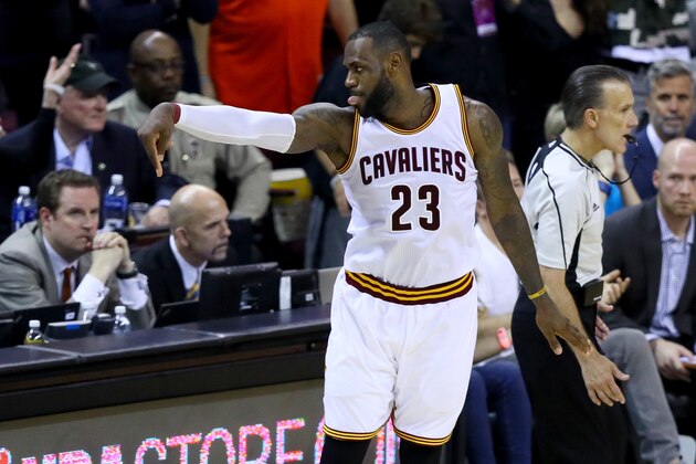 CLEVELAND, OH - JUNE 16:  LeBron James #23 of the Cleveland Cavaliers reacts in the second half while taking on the Golden State Warriors in Game 6 of the 2016 NBA Finals at Quicken Loans Arena on June 16, 2016 in Cleveland, Ohio. NOTE TO USER: User expressly acknowledges and agrees that, by downloading and or using this photograph, User is consenting to the terms and conditions of the Getty Images License Agreement.  (Photo by Ezra Shaw/Getty Images)