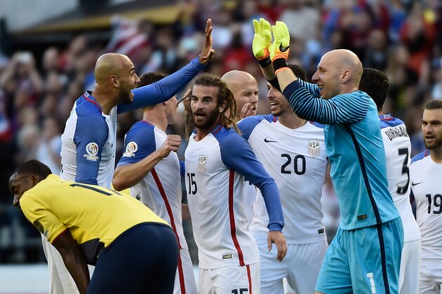 USA's players celebrate after defeating Ecuador during the Copa America Centenario football tournament quarterfinal match, in Seattle, Washington, United States, on June 16, 2016. / AFP / Omar Torres        (Photo credit should read OMAR TORRES/AFP/Getty Images)