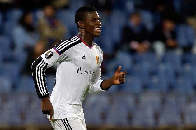 Basel’s Breel Embolo celebrates after scoring his side’s second goal during the Europa League group I soccer match between Belenenses and Basel at the Restelo stadium in Lisbon, Thursday, Nov. 5 2015. (AP Photo/Armando Franca)
