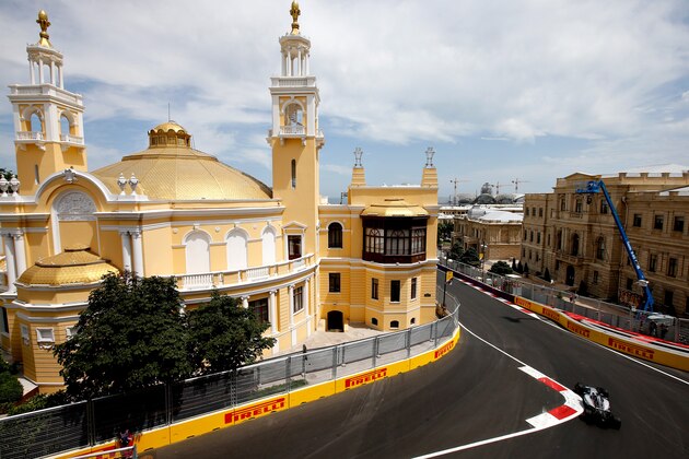 BAKU, AZERBAIJAN - JUNE 17: Lewis Hamilton of Great Britain driving the (44) Mercedes AMG Petronas F1 Team Mercedes F1 WO7 Mercedes PU106C Hybrid turbo on track during practice for the European Formula One Grand Prix at Baku City Circuit on June 17, 2016 in Baku, Azerbaijan.  (Photo by Charles Coates/Getty Images)