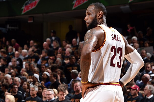 CLEVELAND, OH - JUNE 16: LeBron James #23 of the Cleveland Cavaliers looks on during the game against the Golden State Warriors during Game Six of the 2016 NBA Finals on June 16, 2016 at Quicken Loans Arena in Cleveland, Ohio. NOTE TO USER: User expressly acknowledges and agrees that, by downloading and/or using this Photograph, user is consenting to the terms and conditions of the Getty Images License Agreement. Mandatory Copyright Notice: Copyright 2016 NBAE (Photo by Andrew D. Bernstein/NBAE via Getty Images)