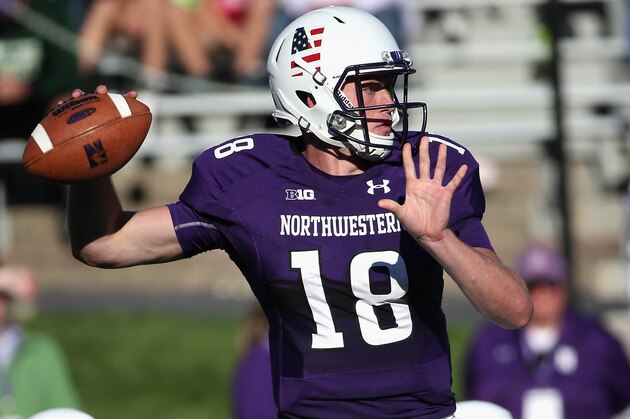 EVANSTON, IL - SEPTEMBER 12:  Clayton Thorson #18 of the Northwestern Wildcats passes against the Eastern Illinois Panthers at Ryan Field on September 12, 2015 in Evanston, Illinois. Northwestern defeated Eastern Illinois 41-0.  (Photo by Jonathan Daniel/Getty Images)