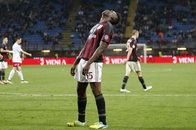 AC Milan's Mario Balotelli reacts at the end of Serie A soccer match between AC Milan and Carpi at the San Siro stadium in Milan, Italy, Thursday, April 21, 2016. (AP Photo/Antonio Calanni)