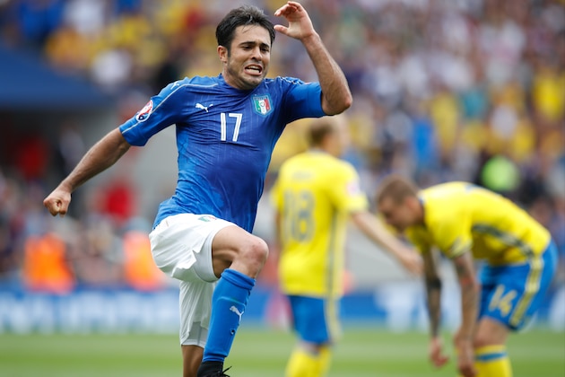 Italy's Eder celebrates after scoring the opening goal during the Euro 2016 Group E soccer match between Italy and Sweden at the Stadium municipal in Toulouse, France, Friday, June 17, 2016. (AP Photo/Andrew Medichini)
