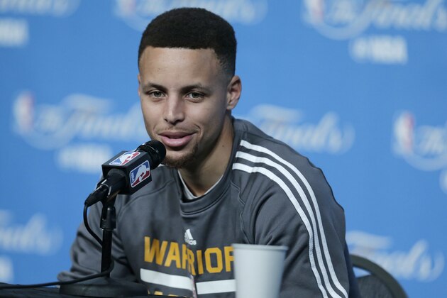 Golden State Warriors' Stephen Curry answers questions before a practice for Game 6 of the NBA basketball Finals, Wednesday, June 15, 2016, in Cleveland. The Cleveland Cavaliers will play the Warriors Thursday night in Cleveland. (AP Photo/Tony Dejak)