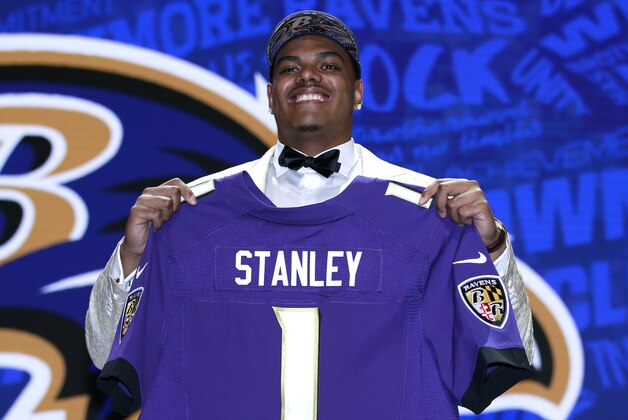 Notre Dame’s Ronnie Stanley poses for photos after being selected by Baltimore Ravens as the sixth pick in the first round of the 2016 NFL football draft, Thursday, April 28, 2016, in Chicago.(Jeff Haynes/AP Images for Panini)