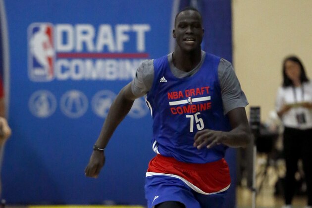 Thon Maker, from Orangeville Prep-Athlete Institute, participates in the NBA draft basketball combine Friday, May 13, 2016, in Chicago. (AP Photo/Charles Rex Arbogast)