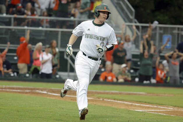 Miami's Zack Collins runs the bases after hitting a three-run home run during an NCAA Super Regional baseball tournament game against Boston College, Friday, June 10, 2016, in Coral Gables, Fla. (AP Photo/Lynne Sladky)
