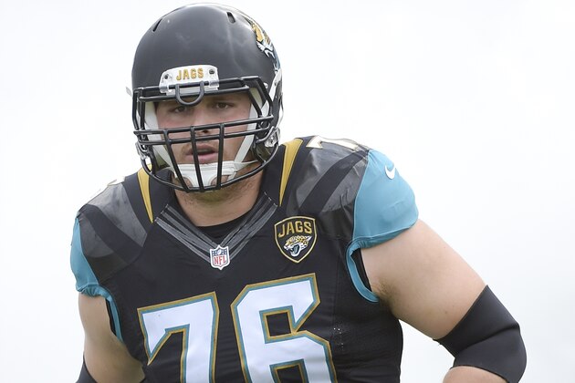 Jacksonville Jaguars tackle Luke Joeckel (76) takes the field before the first half of an NFL football game against the Indianapolis Colts in Jacksonville, Fla., Sunday, Dec. 13, 2015.(AP Photo/Phelan M. Ebenhack)