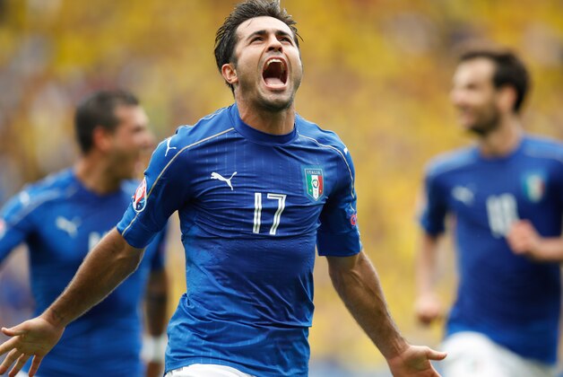 Italy's Eder celebrates after scoring the opening goal during the Euro 2016 Group E soccer match between Italy and Sweden at the Stadium municipal in Toulouse, France, Friday, June 17, 2016. (AP Photo/Andrew Medichini)