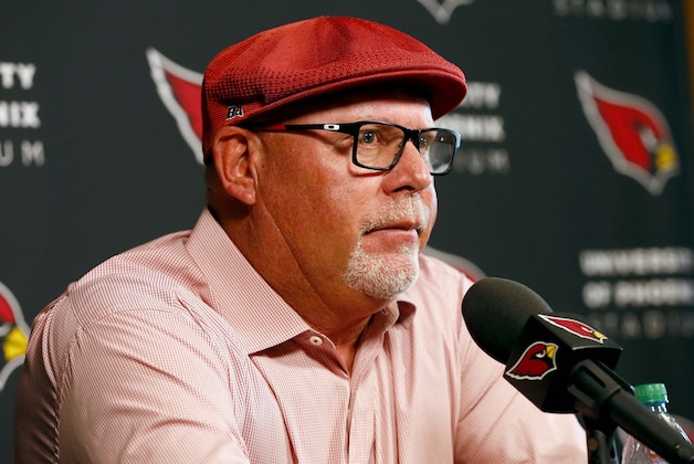Arizona Cardinals head coach Bruce Arians speaks to the media Monday, Jan. 25, 2016, in Tempe, Ariz. The Cardinals lost to the Carolina Panthers in the NFC Championship football game to end their season. (AP Photo/Matt York)