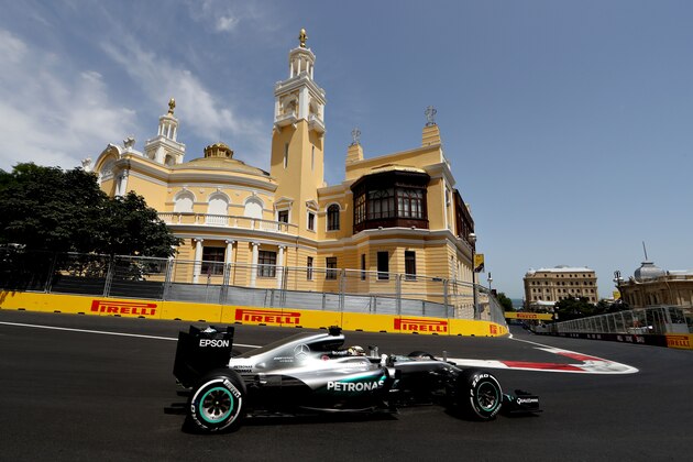 BAKU, AZERBAIJAN - JUNE 18: Lewis Hamilton of Great Britain driving the (44) Mercedes AMG Petronas F1 Team Mercedes F1 WO7 Mercedes PU106C Hybrid turbo on track during final practice before the European Formula One Grand Prix at Baku City Circuit on June 18, 2016 in Baku, Azerbaijan.  (Photo by Mark Thompson/Getty Images)