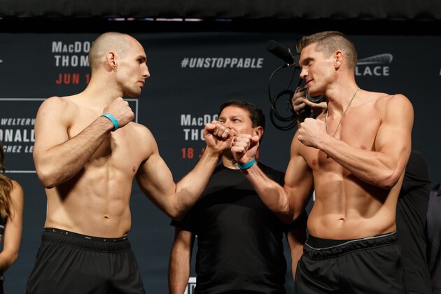 OTTAWA, ON - JUNE 17: (L-R) Rory MacDonald and Stephen Thompson face off during the UFC Fight Night Weigh-in inside The Arena at TD Place on June 17, 2016 in Ottawa, Ontario, Canada. (Photo by Andre Ringuette/Zuffa LLC/Zuffa LLC via Getty Images)