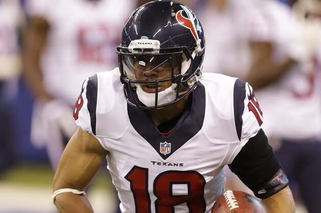 Houston Texans' Cecil Shorts (18) runs before the start of an NFL football game between the Indianapolis Colts and the Houston Texans, Sunday, Dec. 20, 2015, in Indianapolis. (AP Photo/Michael Conroy) Houston Texans' Cecil Shorts (18) runs before the start of an NFL football game between the Indianapolis Colts and the Houston Texans, Sunday, Dec. 20, 2015, in Indianapolis. (AP Photo/Michael Conroy)