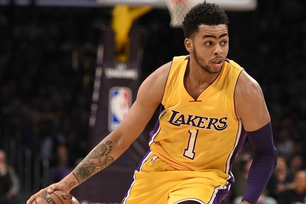 Los Angeles Lakers guard D'Angelo Russell (1) in action during the first half of an NBA basketball game against the Memphis Grizzlies in Los Angeles, Tuesday, March 22, 2016. (AP Photo/Kelvin Kuo)
