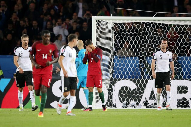 Cristiano Ronaldo of Portugal (C) during the UEFA EURO 2016 Group F group stage match between Portugal and Austria at the Stade Parc de Princes on june 18, 2016 in Paris, France.(Photo by VI Images via Getty Images)