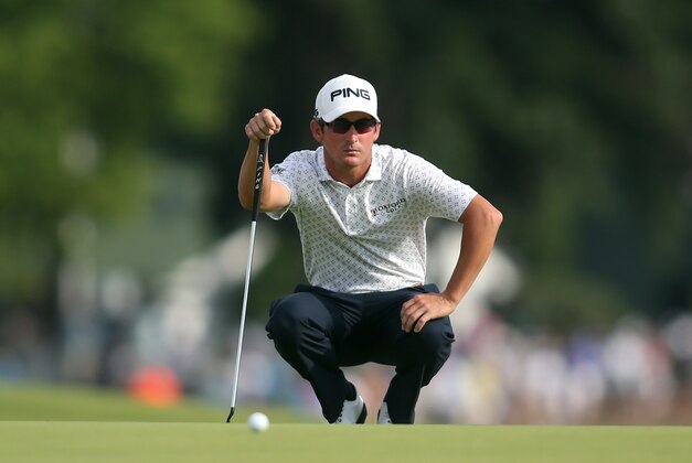 Jun 18, 2016; Oakmont, PA, USA; Andrew Landry lines up a putt on the 3rd green during the third round of the U.S. Open golf tournament at Oakmont Country Club. Mandatory Credit: Charles LeClaire-USA TODAY Sports