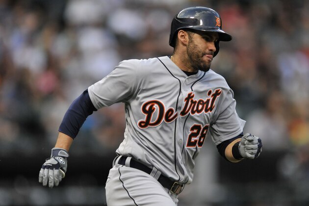 Detroit Tigers' J.D. Martinez runs to first base on an RBI double during the second inning of a baseball game against the Chicago White Sox Monday, June 13, 2016, in Chicago. (AP Photo/Paul Beaty)