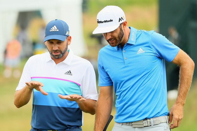 OAKMONT, PA - JUNE 17:  Dustin Johnson of the United States talks to Sergio Garcia of Spain on the sixth hole during the continuation of the weather delayed first round of the U.S. Open at Oakmont Country Club on June 17, 2016 in Oakmont, Pennsylvania.  (Photo by Andrew Redington/Getty Images)