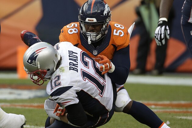New England Patriots quarterback Tom Brady is sacked by Denver Broncos outside linebacker Von Miller during the second half of the NFL football AFC Championship game between the Denver Broncos and the New England Patriots, Sunday, Jan. 24, 2016, in Denver. (AP Photo/Chris Carlson)