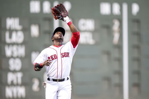 BOSTON, MA - JUNE 16: Rusney Castillo #38 of the Boston Red Sox catches a fly ball during the second inning of a game against the Baltimore Orioles on June 16, 2016 at Fenway Park in Boston, Massachusetts. (Photo by Billie Weiss/Boston Red Sox/Getty Images)