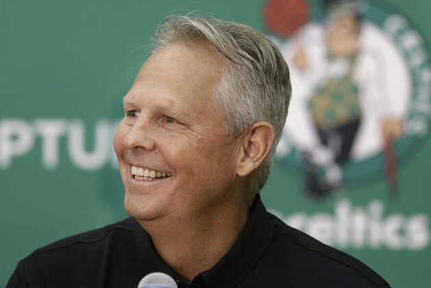 Boston Celtics general manager Danny Ainge speaks during a news conference at the NBA basketball team's training facility Monday, July 27, 2015, in Waltham, Mass. The news conference was held to introduce five Boston Celtics players. (AP Photo/Steven Senne)