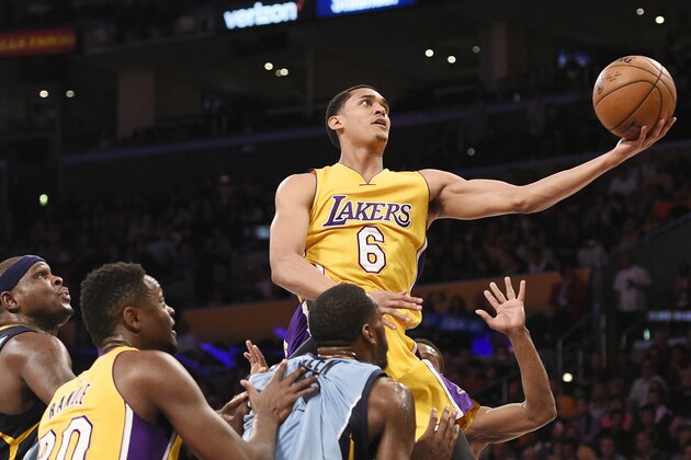Los Angeles Lakers guard Jordan Clarkson (6) in action during the first half of an NBA basketball game against the Memphis Grizzlies in Los Angeles, Tuesday, March 22, 2016. (AP Photo/Kelvin Kuo)