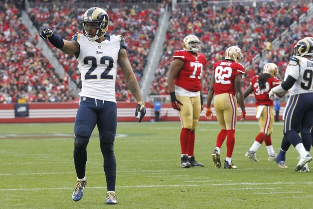 Jan 3, 2016; Santa Clara, CA, USA; St. Louis Rams cornerback Trumaine Johnson (22) reacts after a play against the San Francisco 49ers in the second quarter at Levi's Stadium. Mandatory Credit: Cary Edmondson-USA TODAY Sports