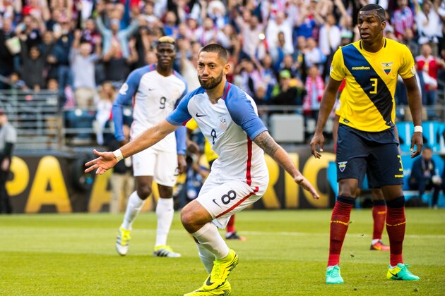 SEATTLE, WA - JUNE 16: Clint Dempsey #8 of United States celebrates his goal during the Copa America Centenario Quarterfinal match between United States and Ecuador at CenturyLink Field on June 16, 2016 in Seattle, Washington. The United States won the match 2-0. (Photo by Shaun Clark/Getty Images)