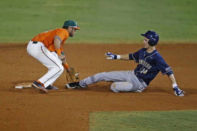 CORAL GABLES, FL - May 13: Charles Leblanc #14 of the Pittsburgh Panthers is tagged out by Brandon Lopez #51 of the Miami Hurricanes as he attempts to steal second base during eighth inning action on May 13, 2016 at Alex Rodriguez Park at Mark Light Field in Coral Gables, Florida. Miami defeated Pittsburgh 7-6. (Photo by Joel Auerbach/Getty Images)