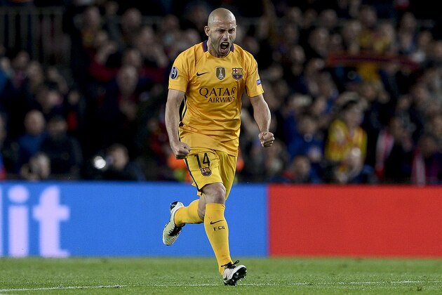 Barcelona's Argentinian defender Javier Mascherano celebrates a goal by teammate Barcelona's Uruguayan forward Luis Suarez during the UEFA Champions League quarter finals first leg football match FC Barcelona vs Atletico de Madrid at the Camp Nou stadium in Barcelona on April 5, 2016. / AFP / JOSEP LAGO (Photo credit should read JOSEP LAGO/AFP/Getty Images) Barcelona's Argentinian defender Javier Mascherano celebrates a goal by teammate Barcelona's Uruguayan forward Luis Suarez during the UEFA Champions League quarter finals first leg football match FC Barcelona vs Atletico de Madrid at the Camp Nou stadium in Barcelona on April 5, 2016. / AFP / JOSEP LAGO (Photo credit should read JOSEP LAGO/AFP/Getty Images)